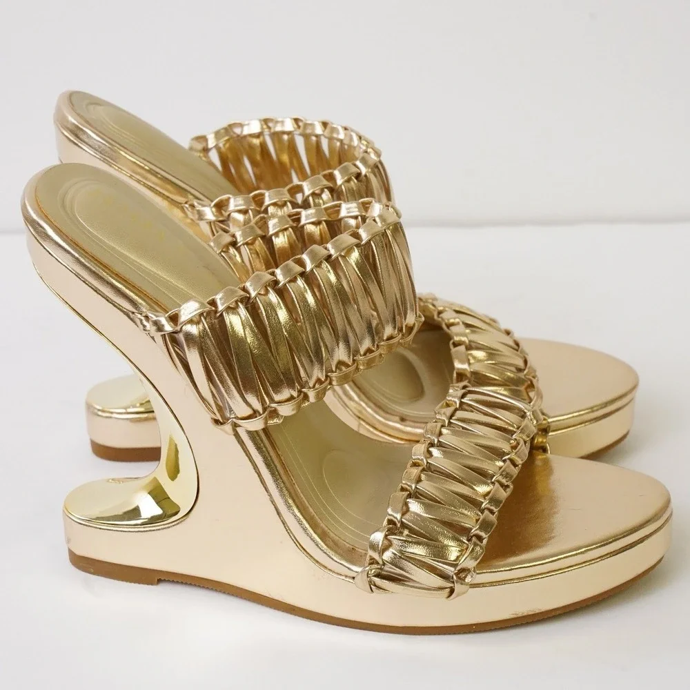 Azalea Wang, Rosamonde Gold Metallic Braided Woven Cutout Wedge Sandals Size 6